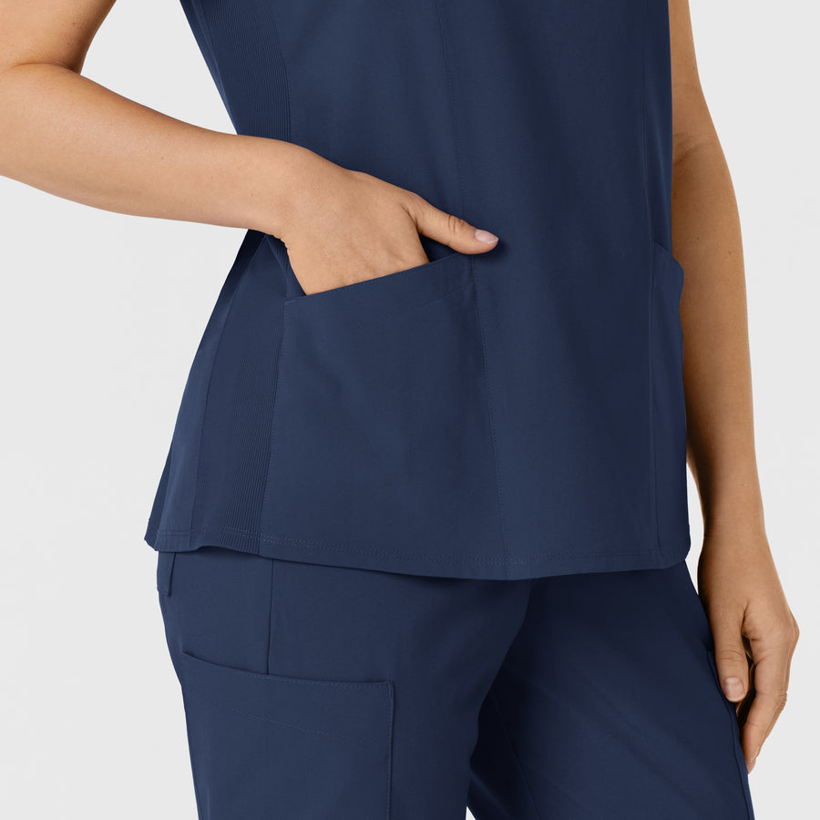 W123 Women's Flex-n-Reach Side Panel V-Neck Scrub Top Navy hemline detail