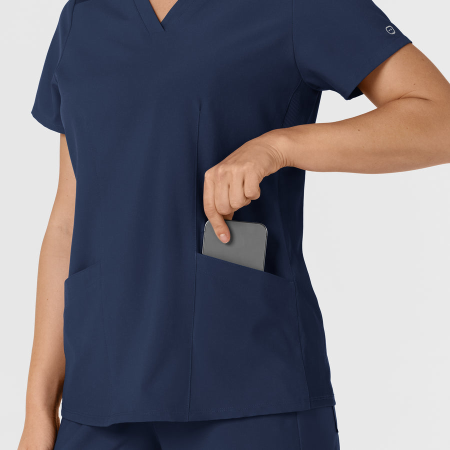 W123 Women's Flex-n-Reach Side Panel V-Neck Scrub Top Navy back detail