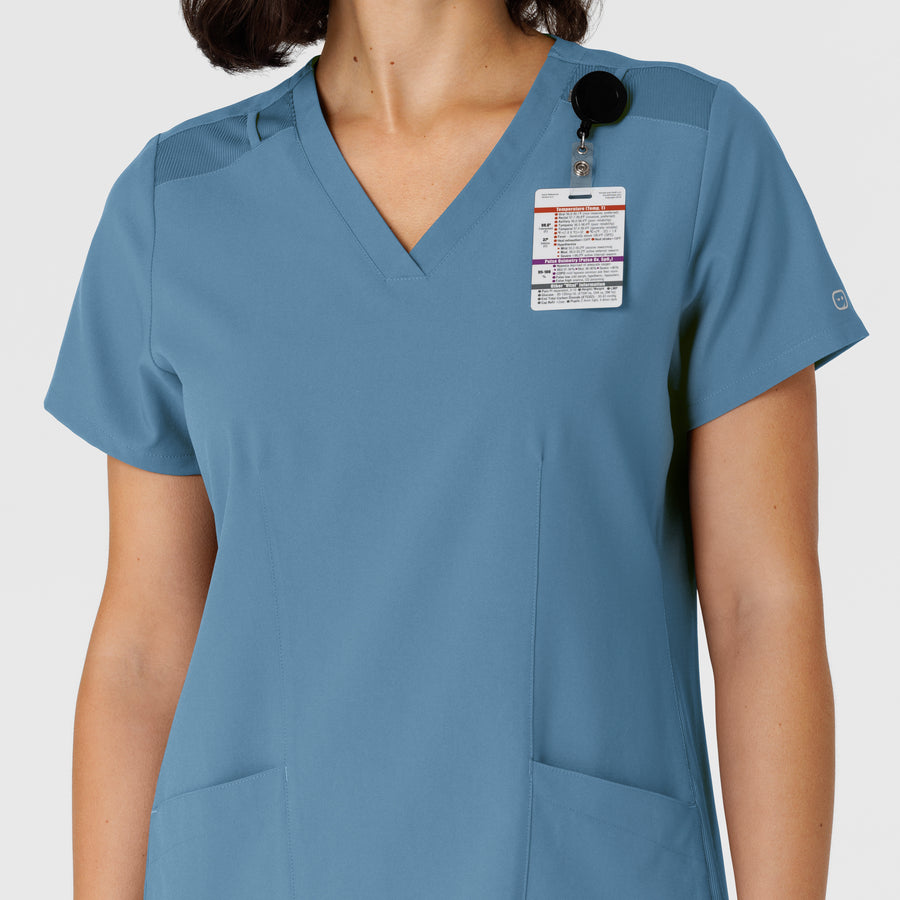 W123 Women's Flex-n-Reach Side Panel V-Neck Scrub Top Pacific Blue side detail 2