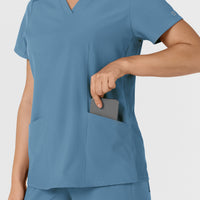 W123 Women's Flex-n-Reach Side Panel V-Neck Scrub Top Pacific Blue back detail