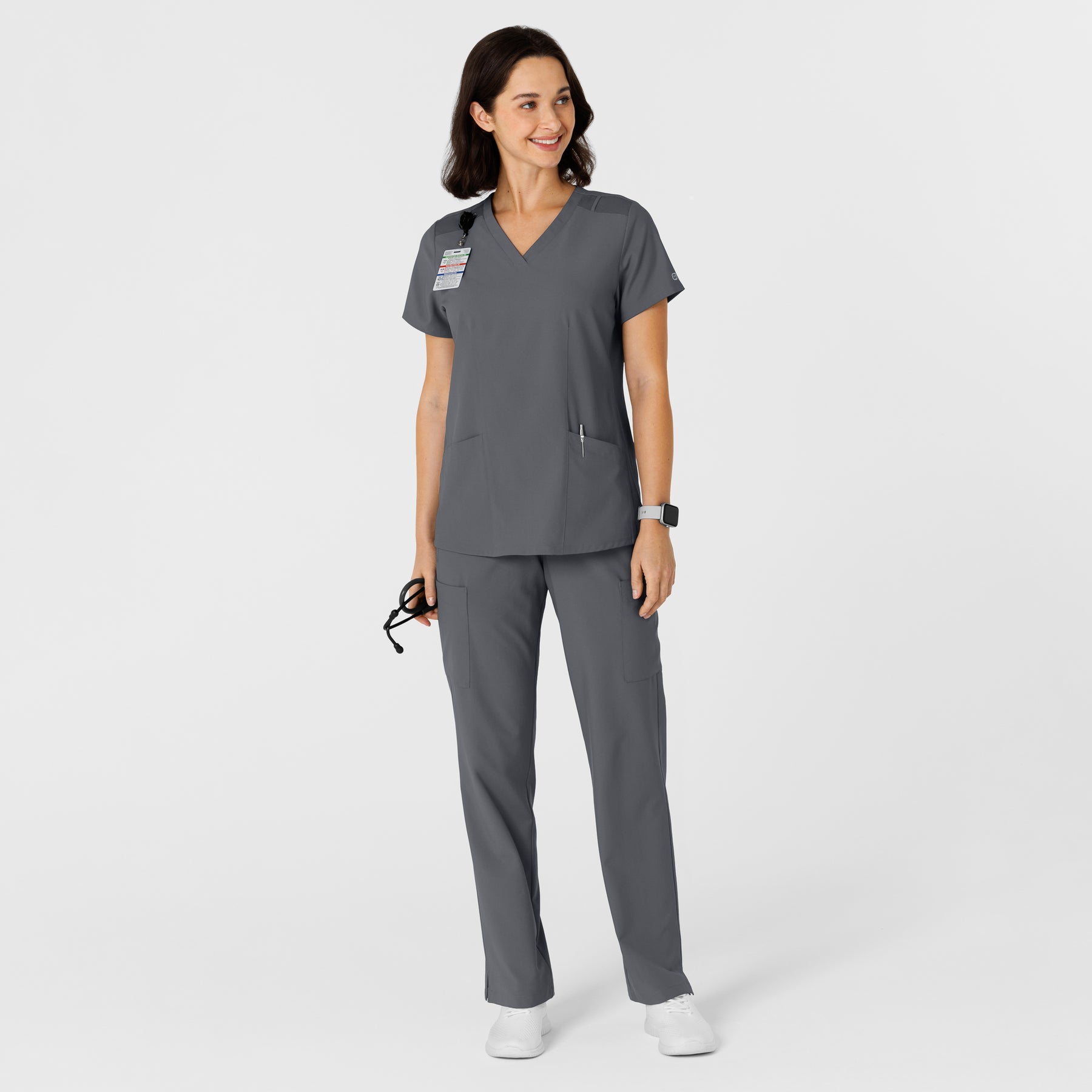 W123 Women's Flex-n-Reach Side Panel V-Neck Scrub Top Pewter full scrub set