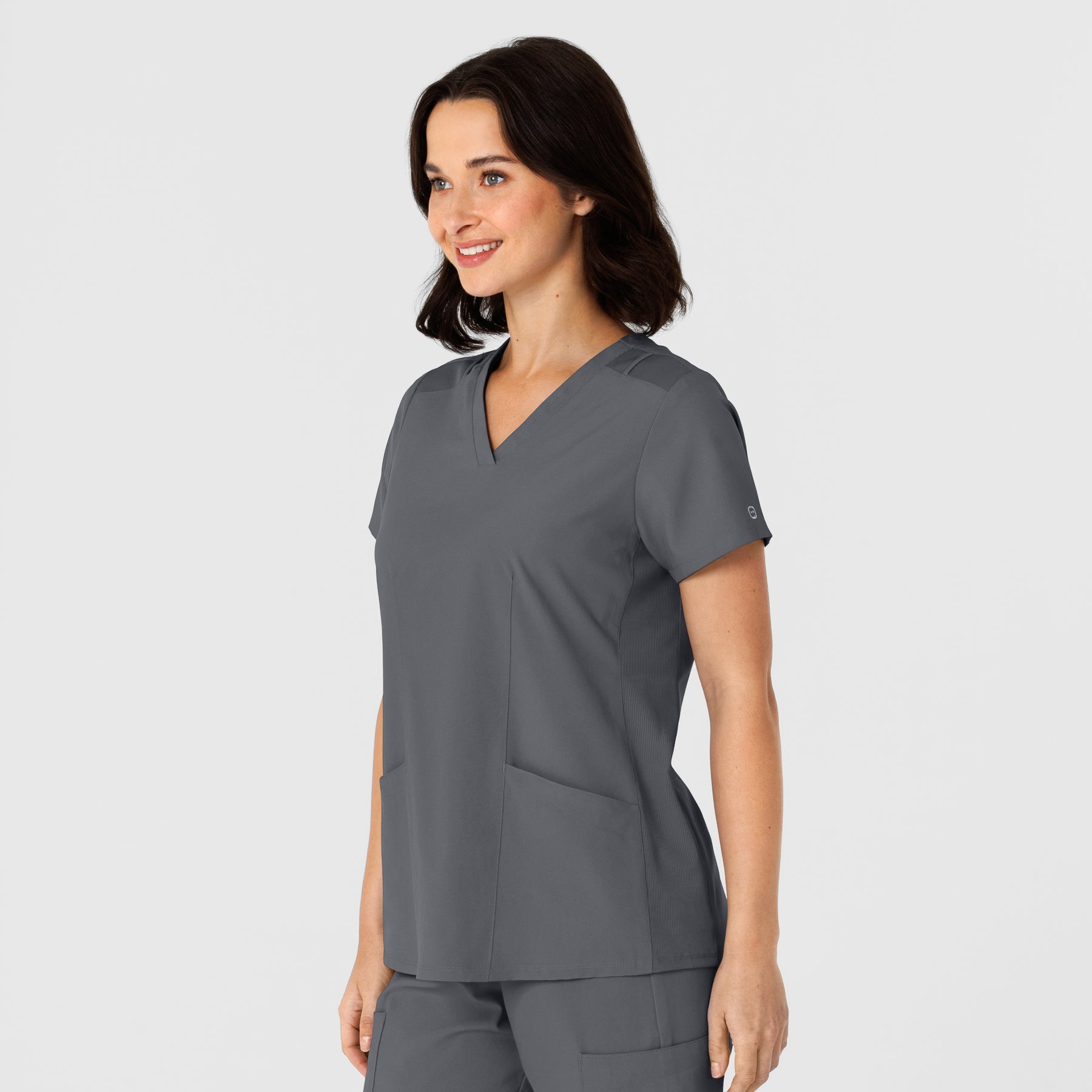W123 Women's Flex-n-Reach Side Panel V-Neck Scrub Top Pewter side view
