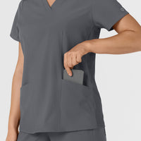 W123 Women's Flex-n-Reach Side Panel V-Neck Scrub Top Pewter back detail