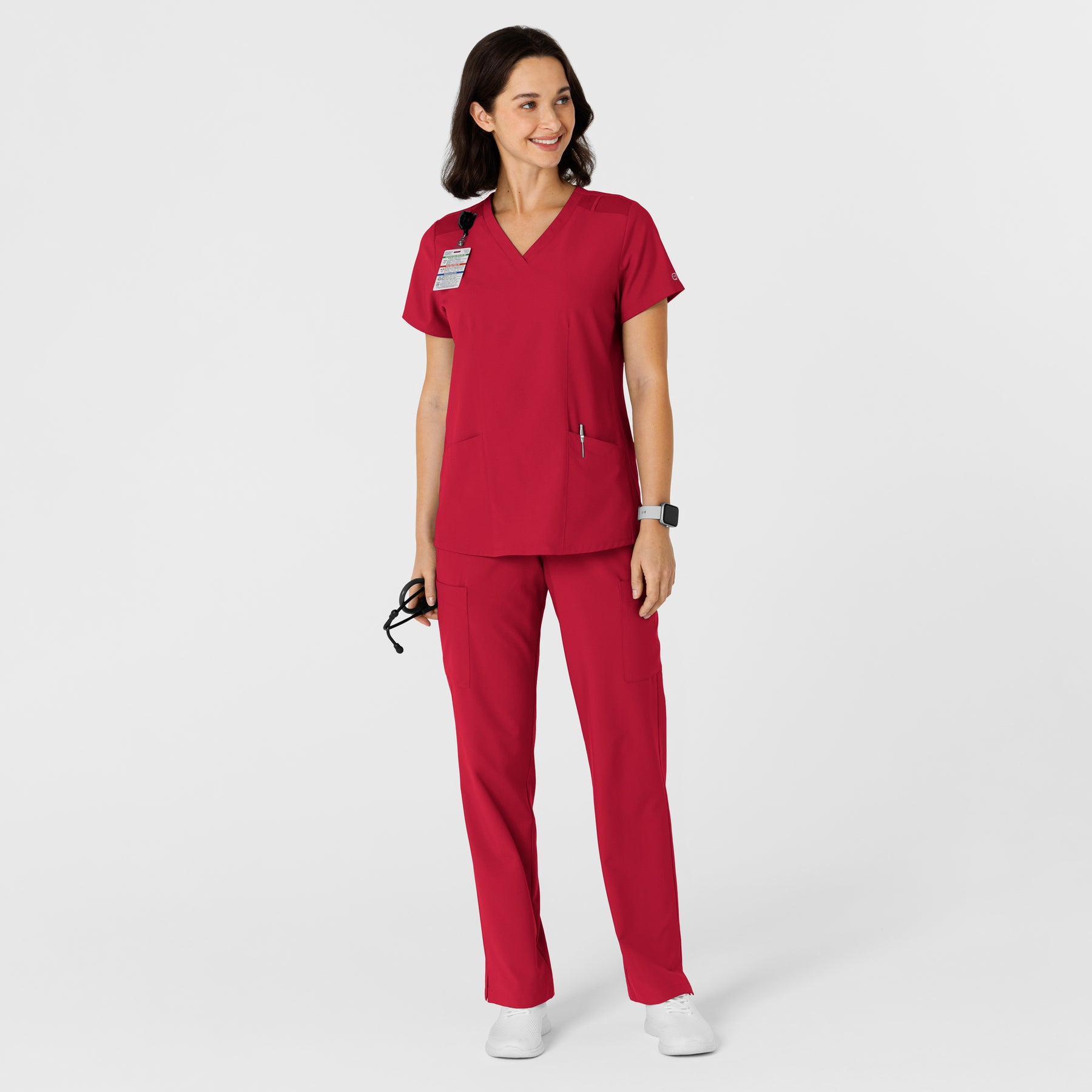 W123 Women's Flex-n-Reach Side Panel V-Neck Scrub Top Red full scrub set