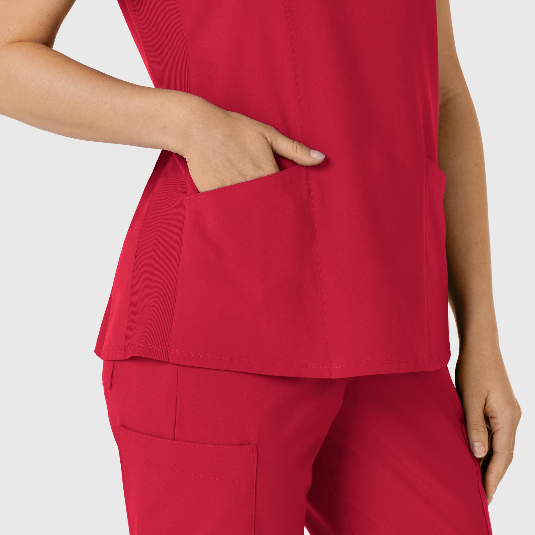 W123 Women's Flex-n-Reach Side Panel V-Neck Scrub Top Red hemline detail