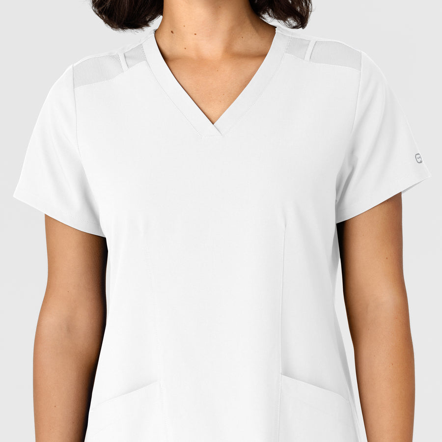 W123 Women's Flex-n-Reach Side Panel V-Neck Scrub Top White front detail