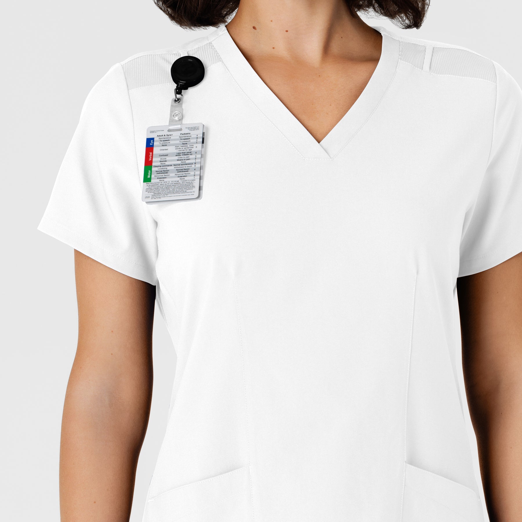 W123 Women's Flex-n-Reach Side Panel V-Neck Scrub Top White side detail 1