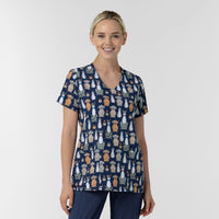 Women's V-Neck Dog Print Scrub Top - Buster and Tiny Navy
