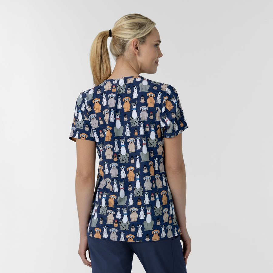 Women's V-Neck Dog Print Scrub Top - Buster and Tiny Navyback