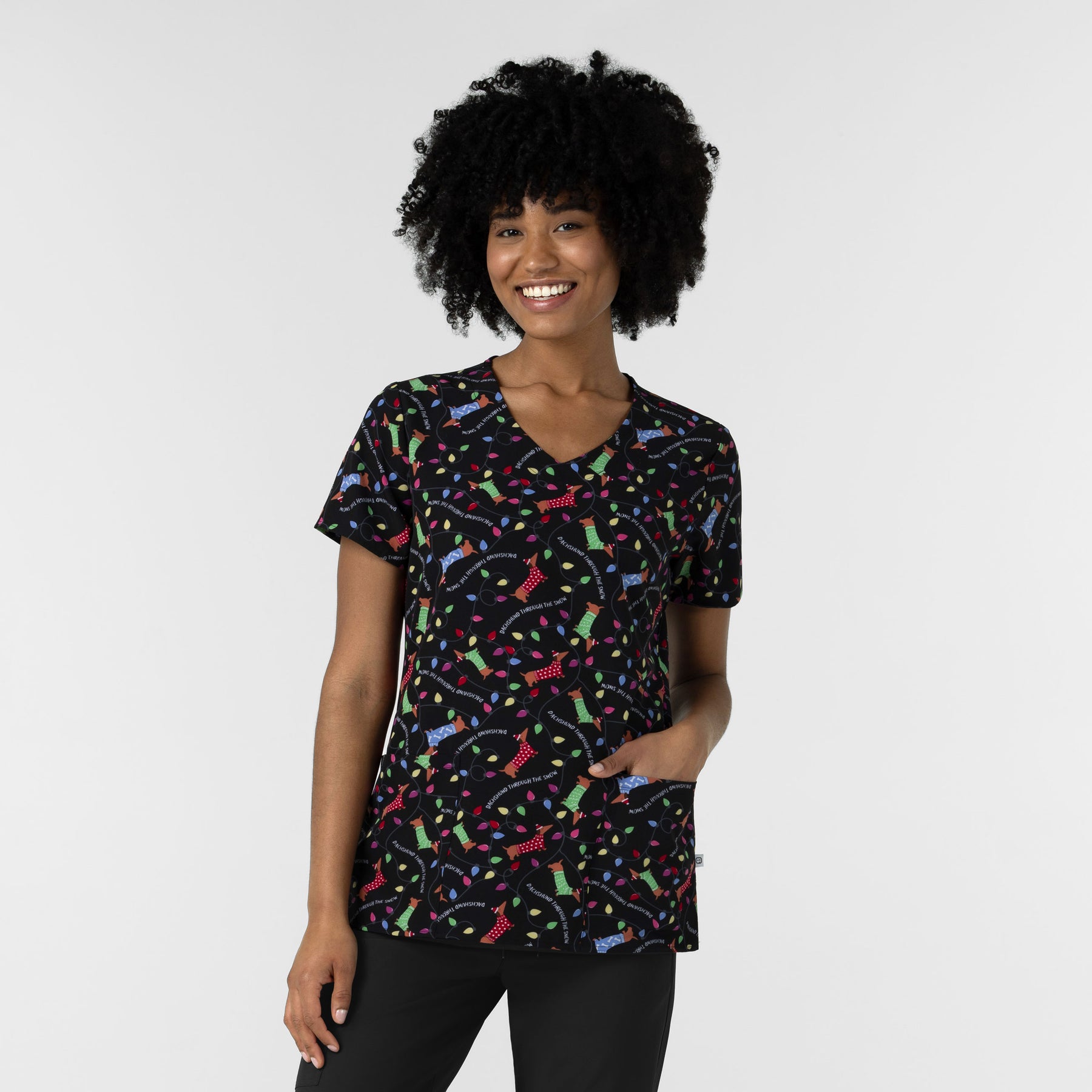 Women's V-Neck Print Scrub Top - Deck the Dogs - dog christmas scrubs