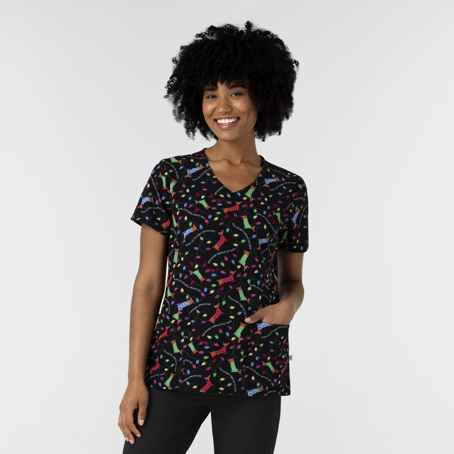 Women's V-Neck Print Scrub Top - Deck the Dogs - dog christmas scrubs