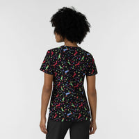 Women's V-Neck Print Scrub Top - Deck the Dogs - dog holiday scrubs back