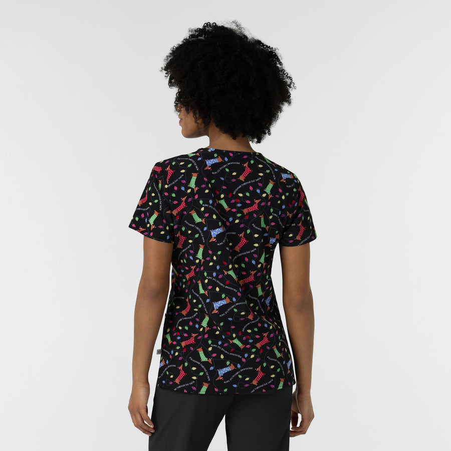 Women's V-Neck Print Scrub Top - Deck the Dogs - dog holiday scrubs back