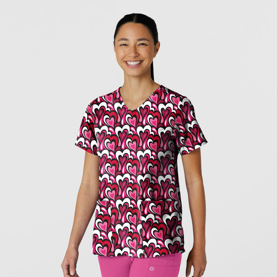 Fashion Prints Women's V-Neck Print Scrub Top Heart Flow