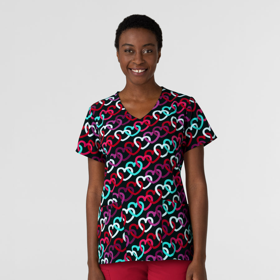 Fashion Prints Women's V-Neck Print Scrub Top Heart Links Black
