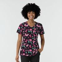 Women's V-Neck Print Scrub Top - Resilient Roses - breast cancer scrubs