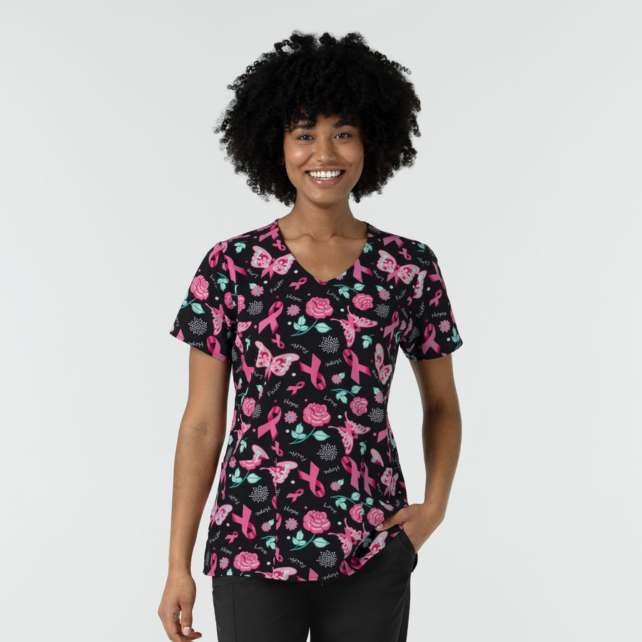 Women's V-Neck Print Scrub Top - Resilient Roses - breast cancer scrubs