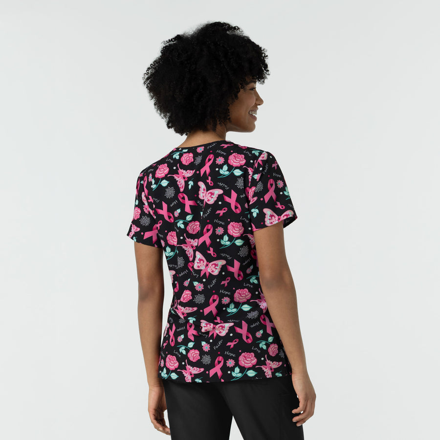 Women's V-Neck Print Scrub Top - Resilient Roses - breast cancer awareness scrubs