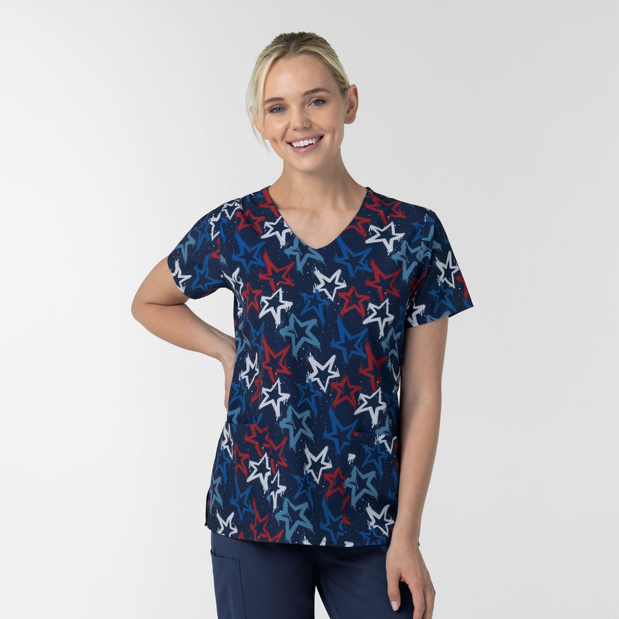 Women's V-Neck Print Scrub Top - Star Spangled Sky - 4th of july scrubs