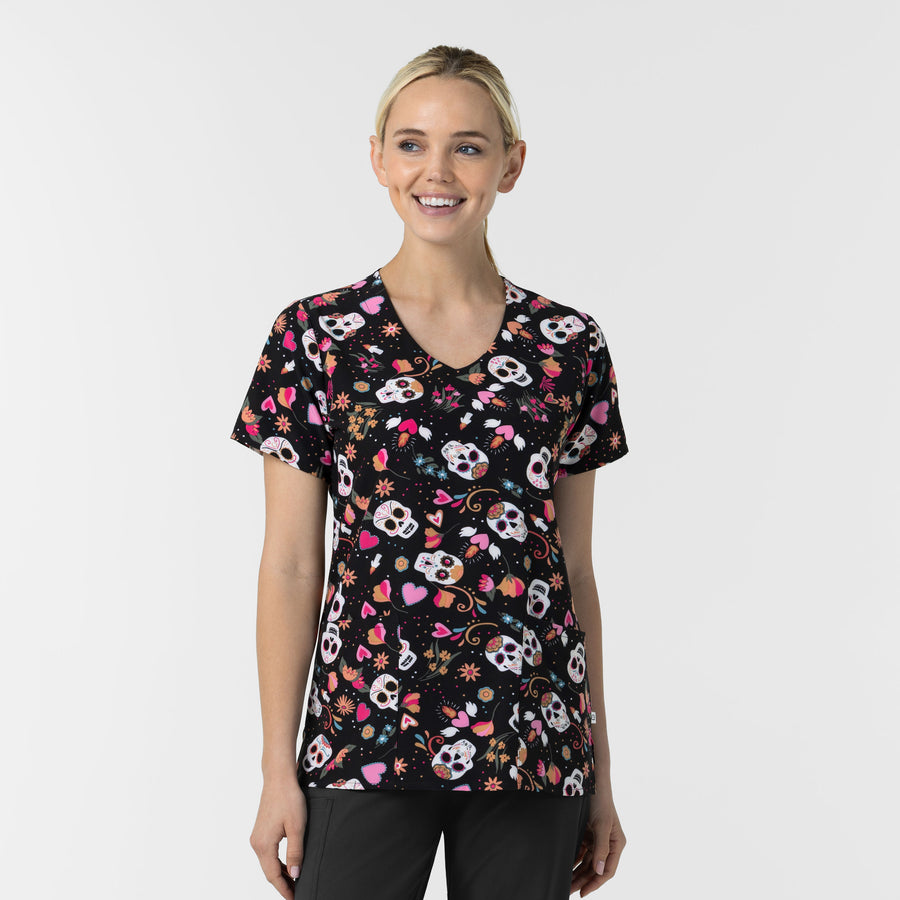 Women's V-Neck Print Scrub Top - Sugar Skull Fiesta - day of the dead scrubs