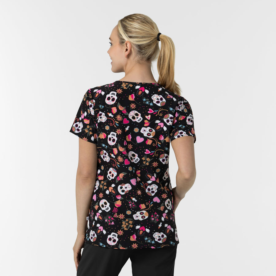 Women's V-Neck Print Scrub Top - Sugar Skull Fiesta - dia de los muertos scrubs