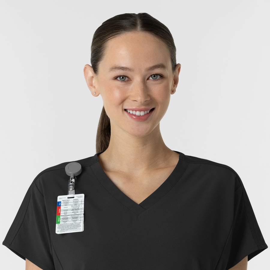 RENEW Women's V-Neck Tunic Scrub Top Black side detail 1