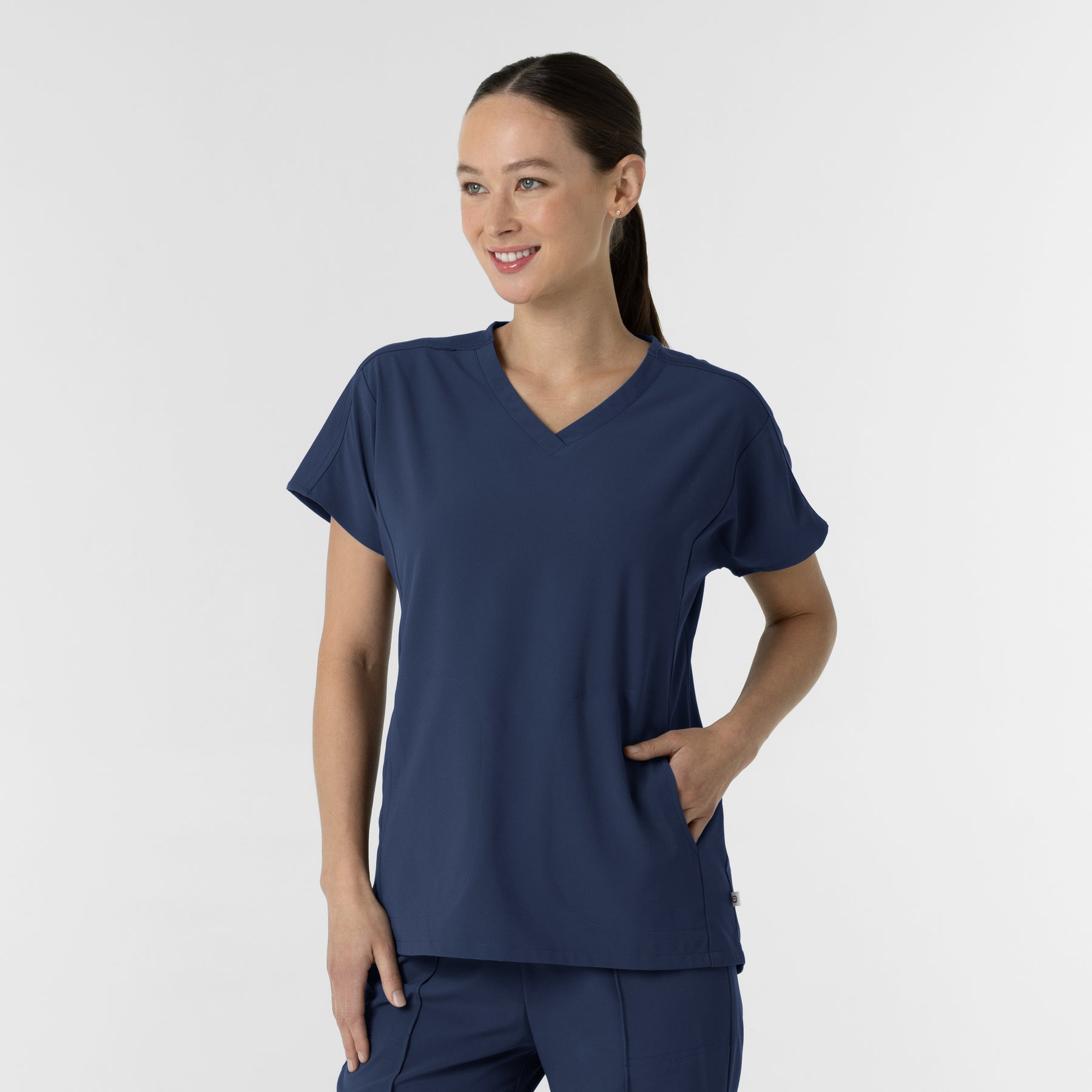 RENEW Women's V-Neck Tunic Scrub Top Navy side view