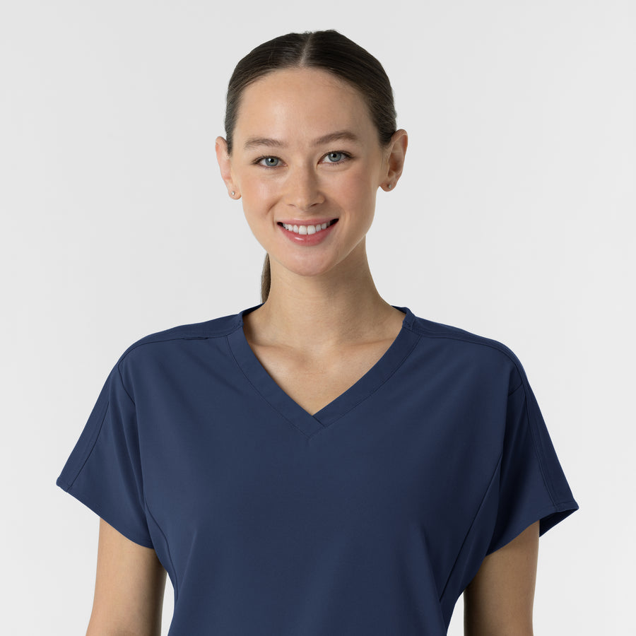 RENEW Women's V-Neck Tunic Scrub Top Navy front detail