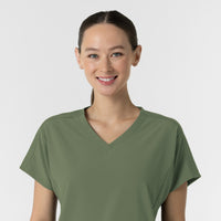 RENEW Women's V-Neck Tunic Scrub Top Olive front detail
