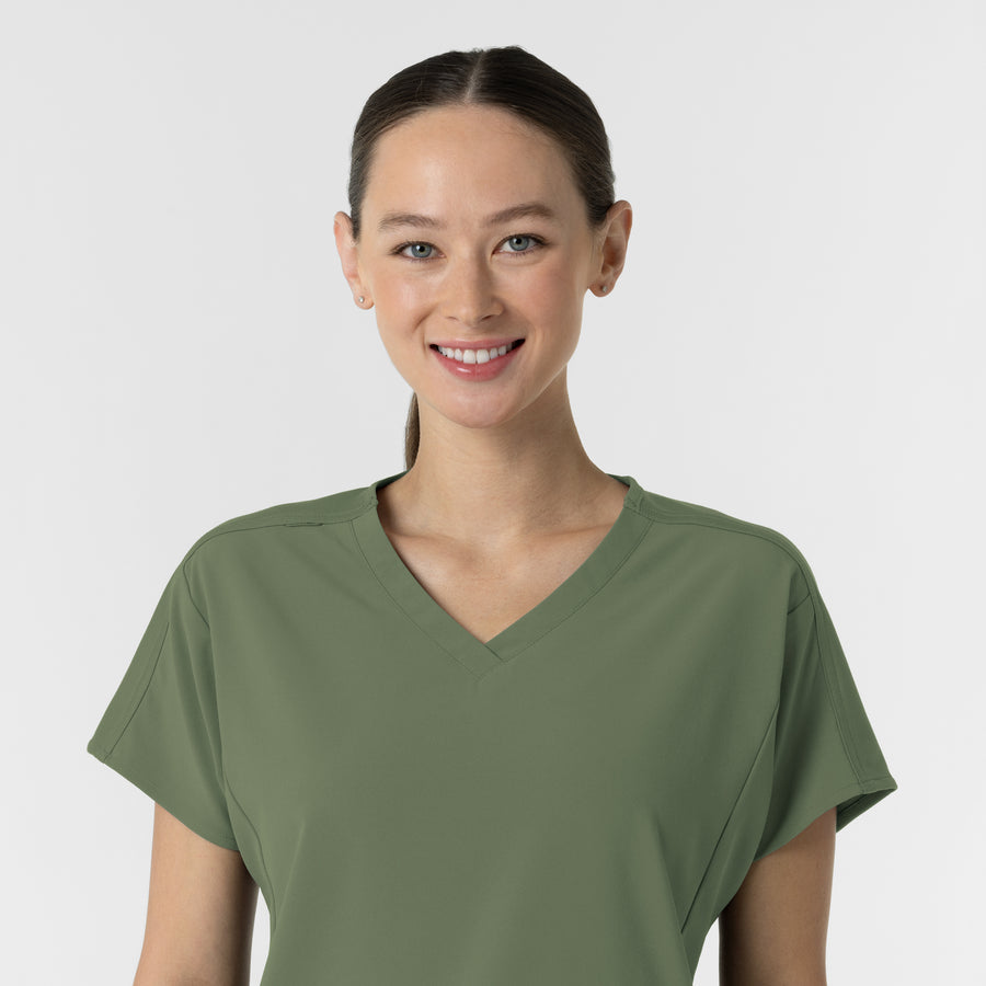 RENEW Women's V-Neck Tunic Scrub Top Olive front detail