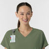 RENEW Women's V-Neck Tunic Scrub Top Olive side detail 1