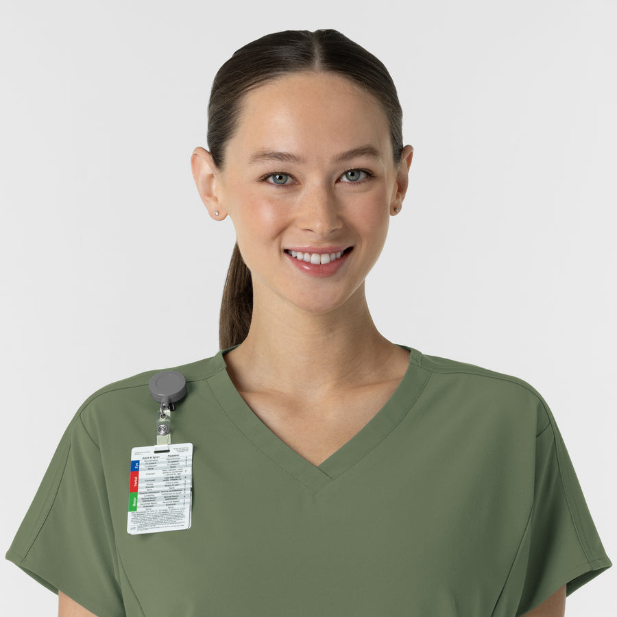 RENEW Women's V-Neck Tunic Scrub Top Olive side detail 1