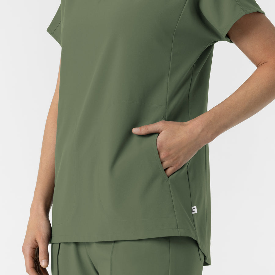 RENEW Women's V-Neck Tunic Scrub Top Olive hemline detail