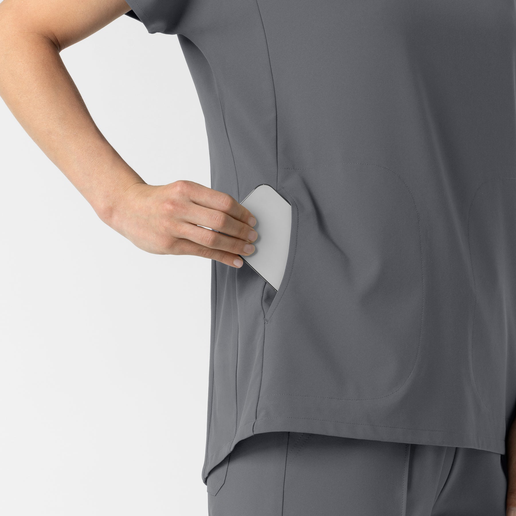 RENEW Women's V-Neck Tunic Scrub Top Pewter side detail 2