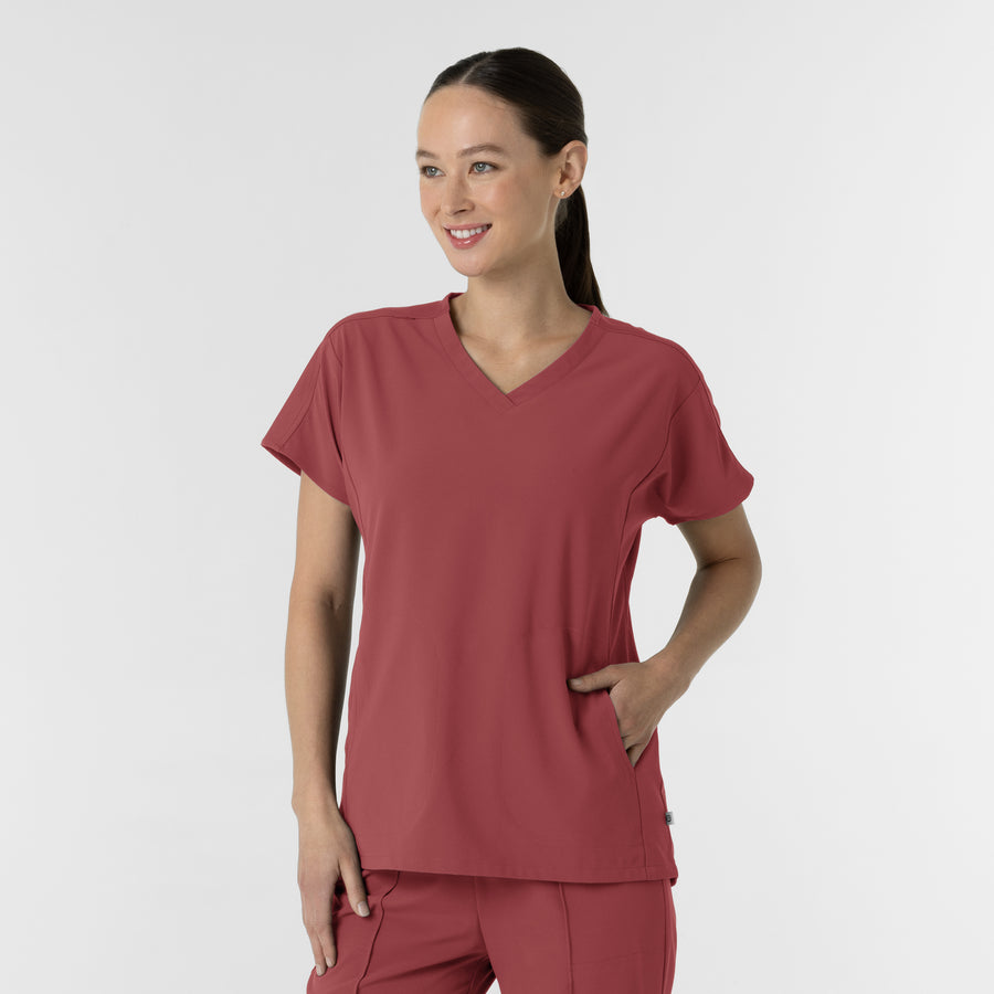 RENEW Women's V-Neck Tunic Scrub Top Ruby side view