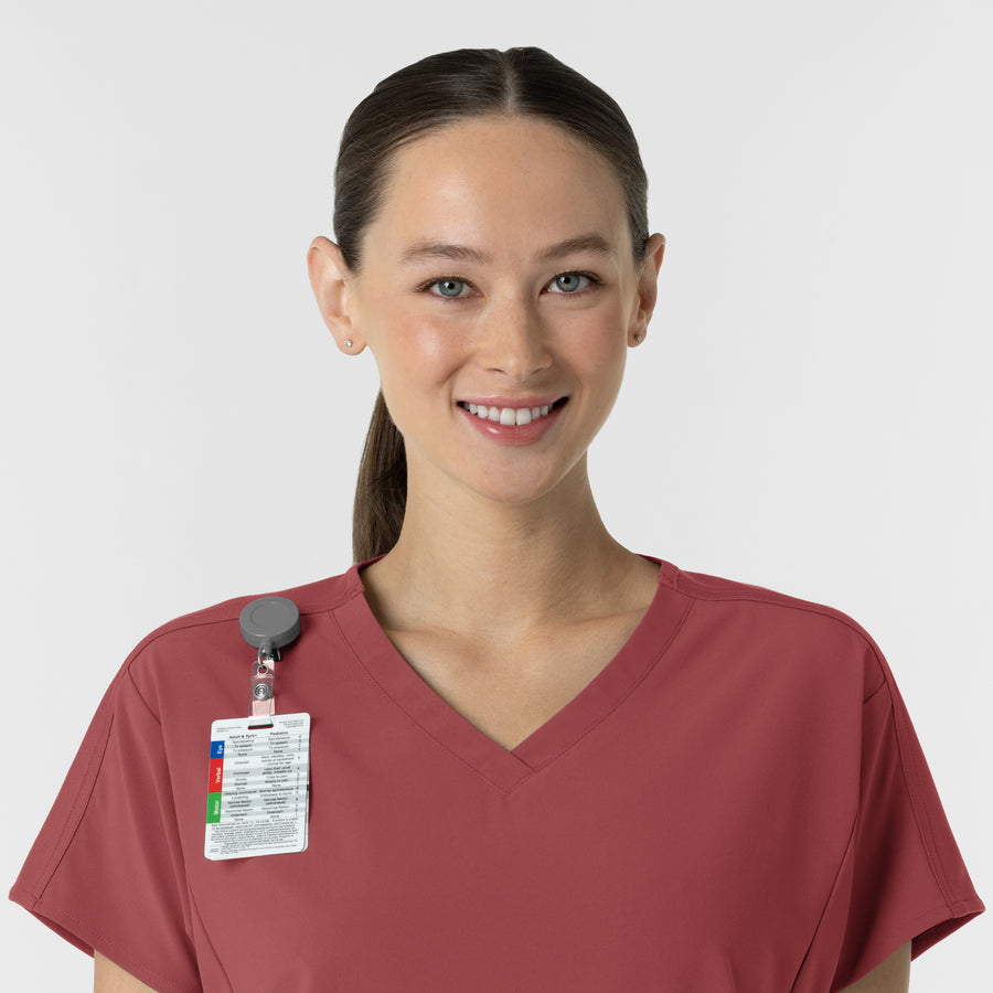 RENEW Women's V-Neck Tunic Scrub Top Ruby side detail 1