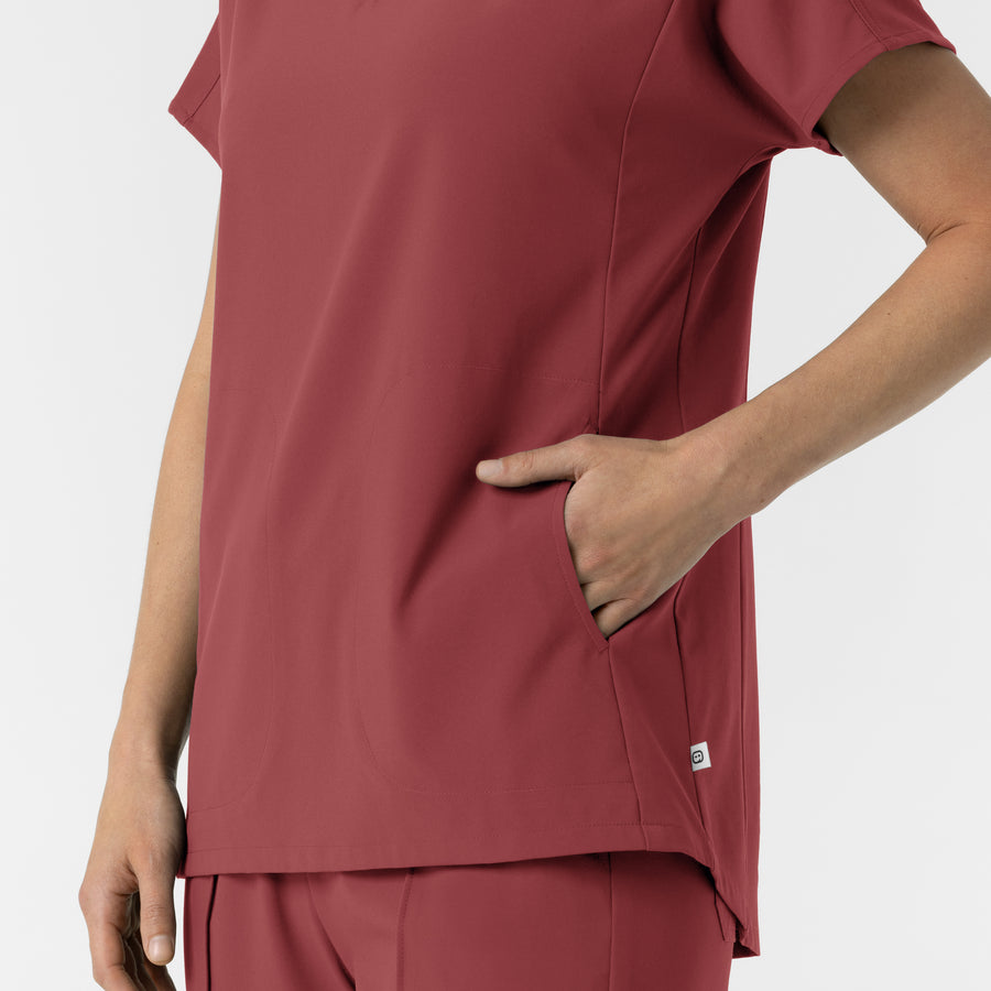 RENEW Women's V-Neck Tunic Scrub Top Ruby hemline detail