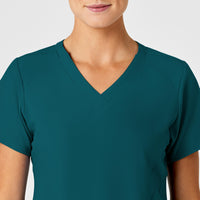 W123 Women's Stylized V-Neck Scrub Top Caribbean Blue front detail