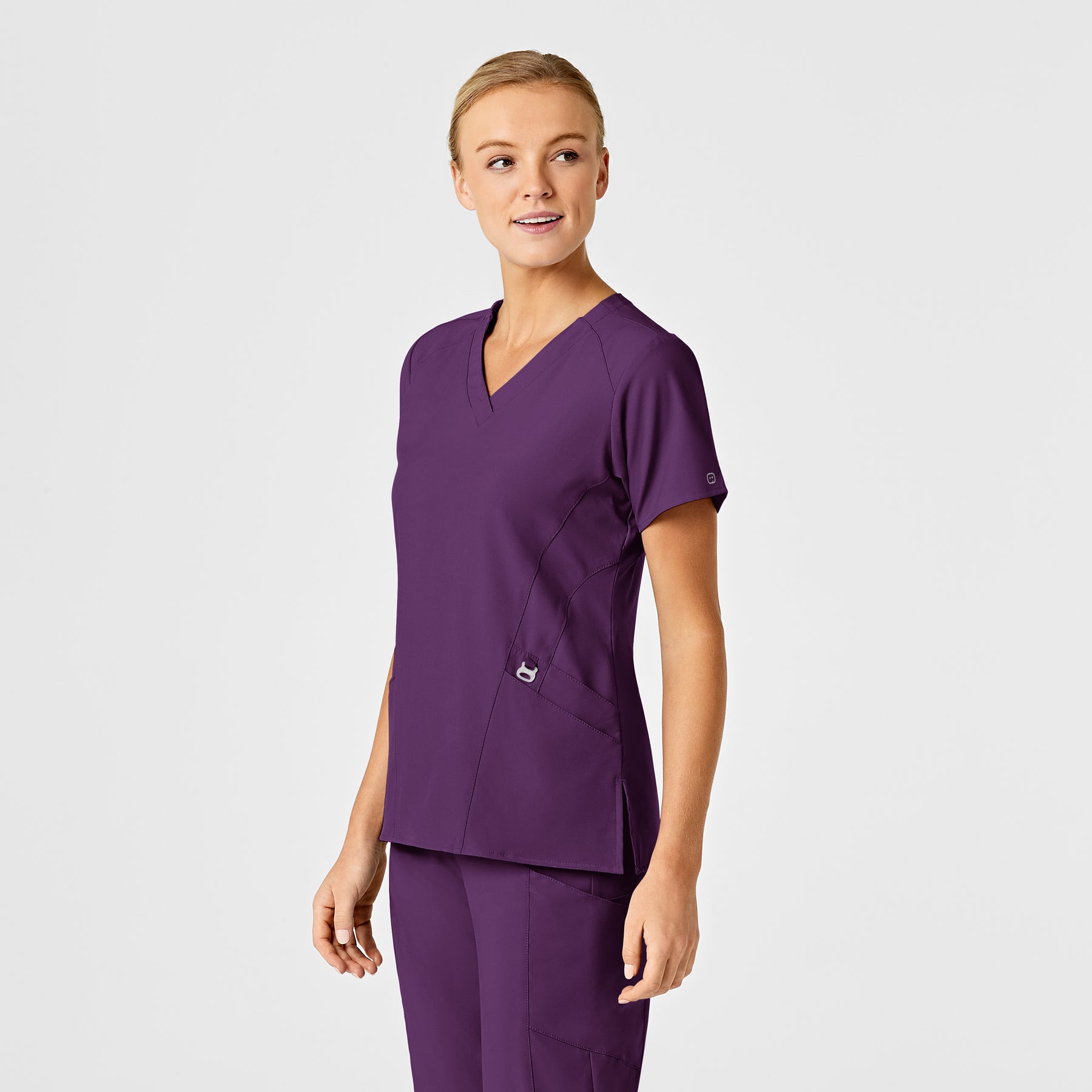 W123 Women's Stylized V-Neck Scrub Top Eggplant side view