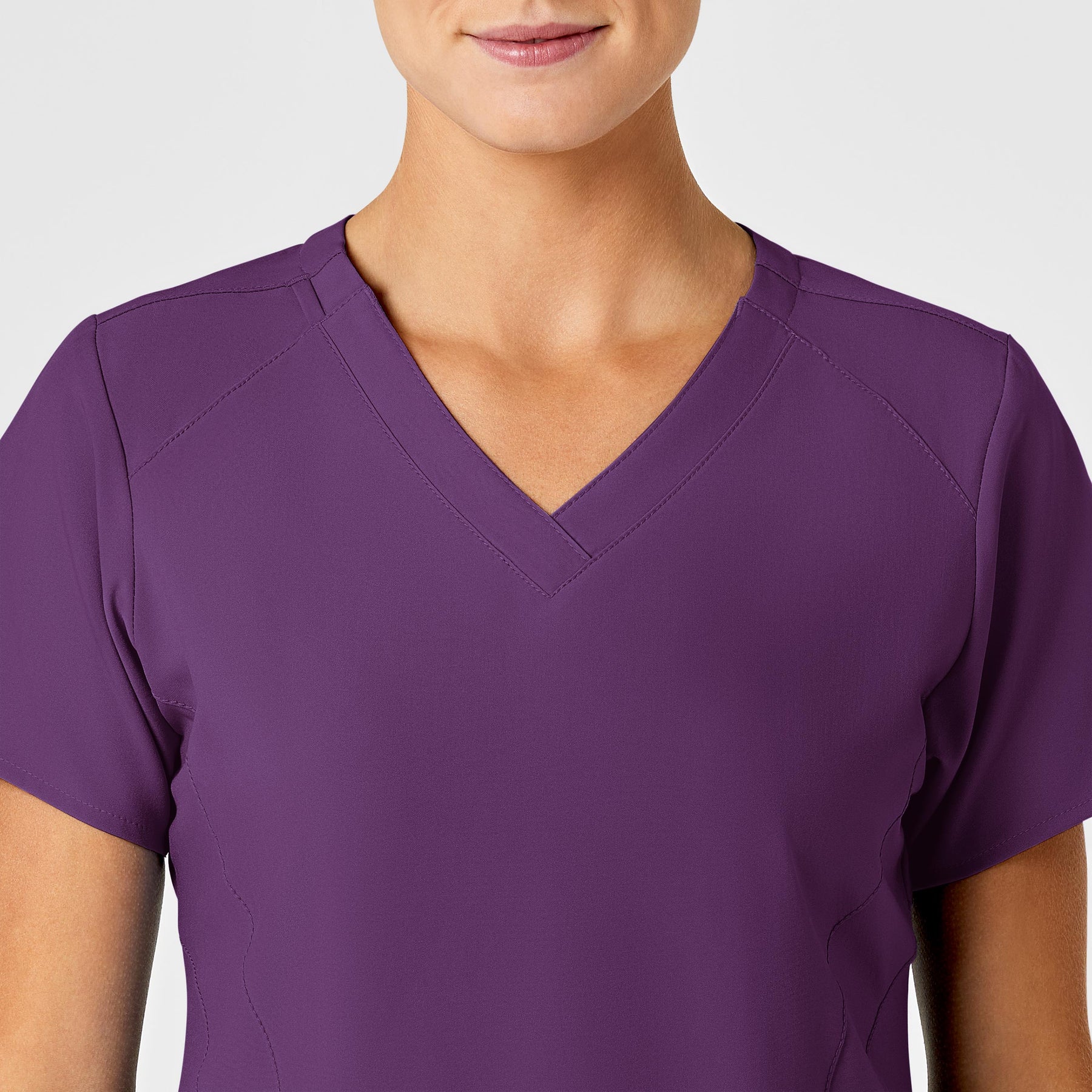 W123 Women's Stylized V-Neck Scrub Top Eggplant front detail