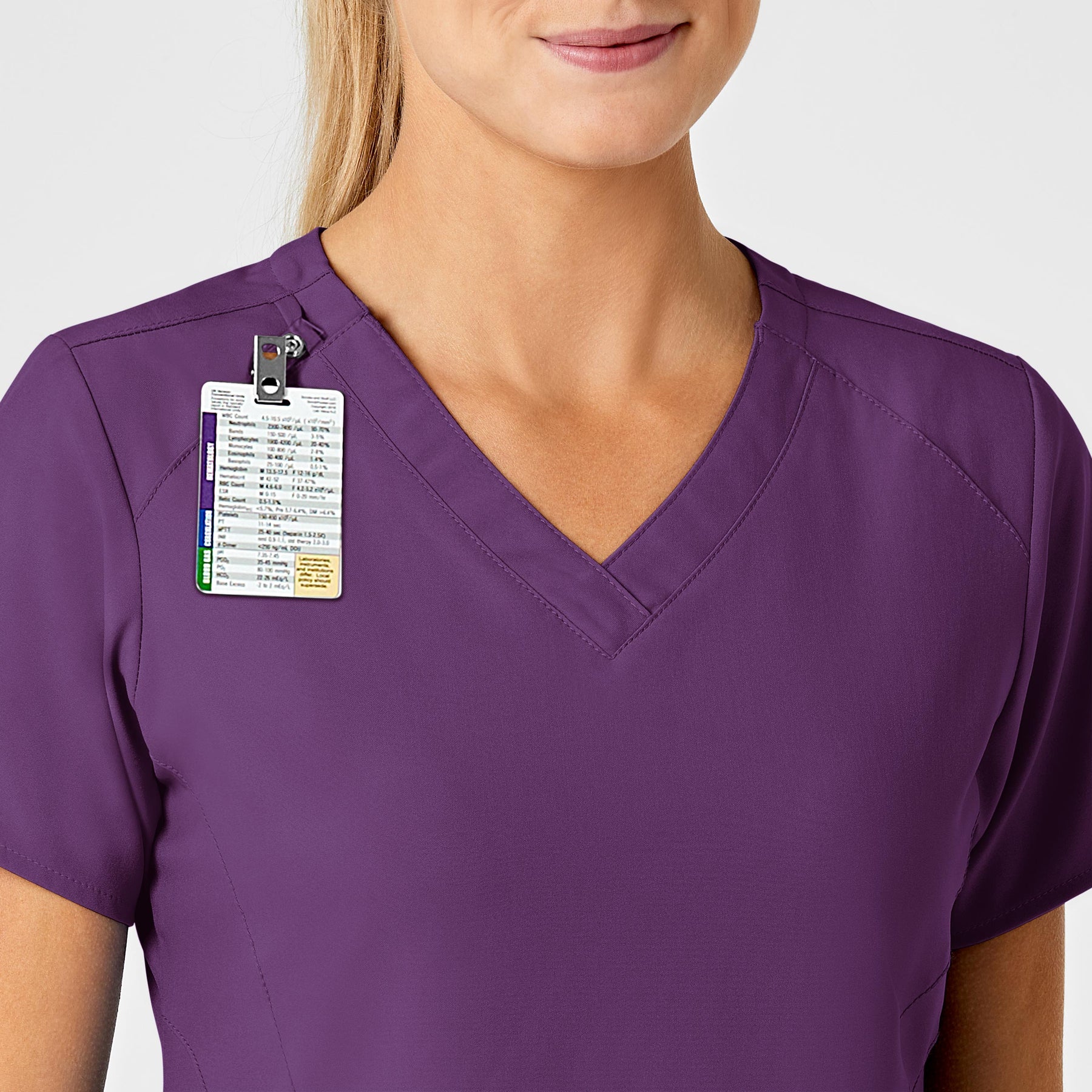 W123 Women's Stylized V-Neck Scrub Top Eggplant side detail 1