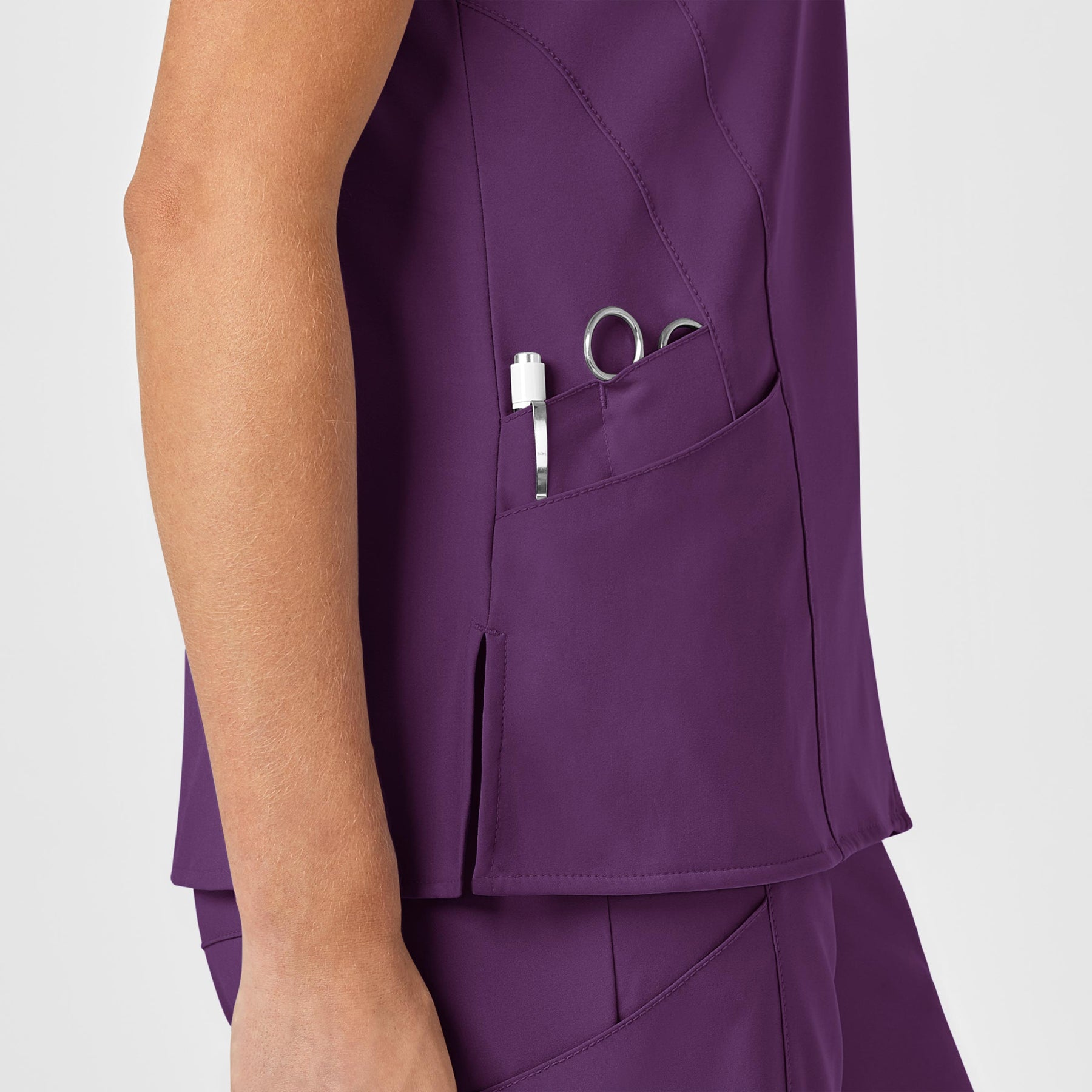 W123 Women's Stylized V-Neck Scrub Top Eggplant hemline detail
