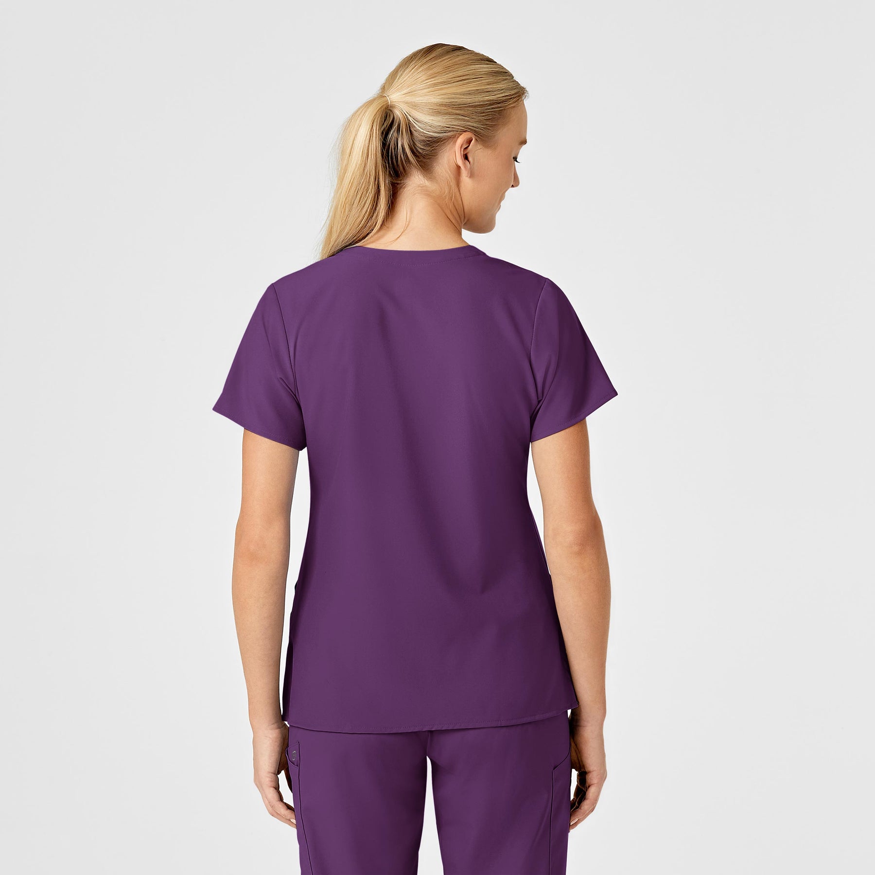 W123 Women's Stylized V-Neck Scrub Top Eggplant back view