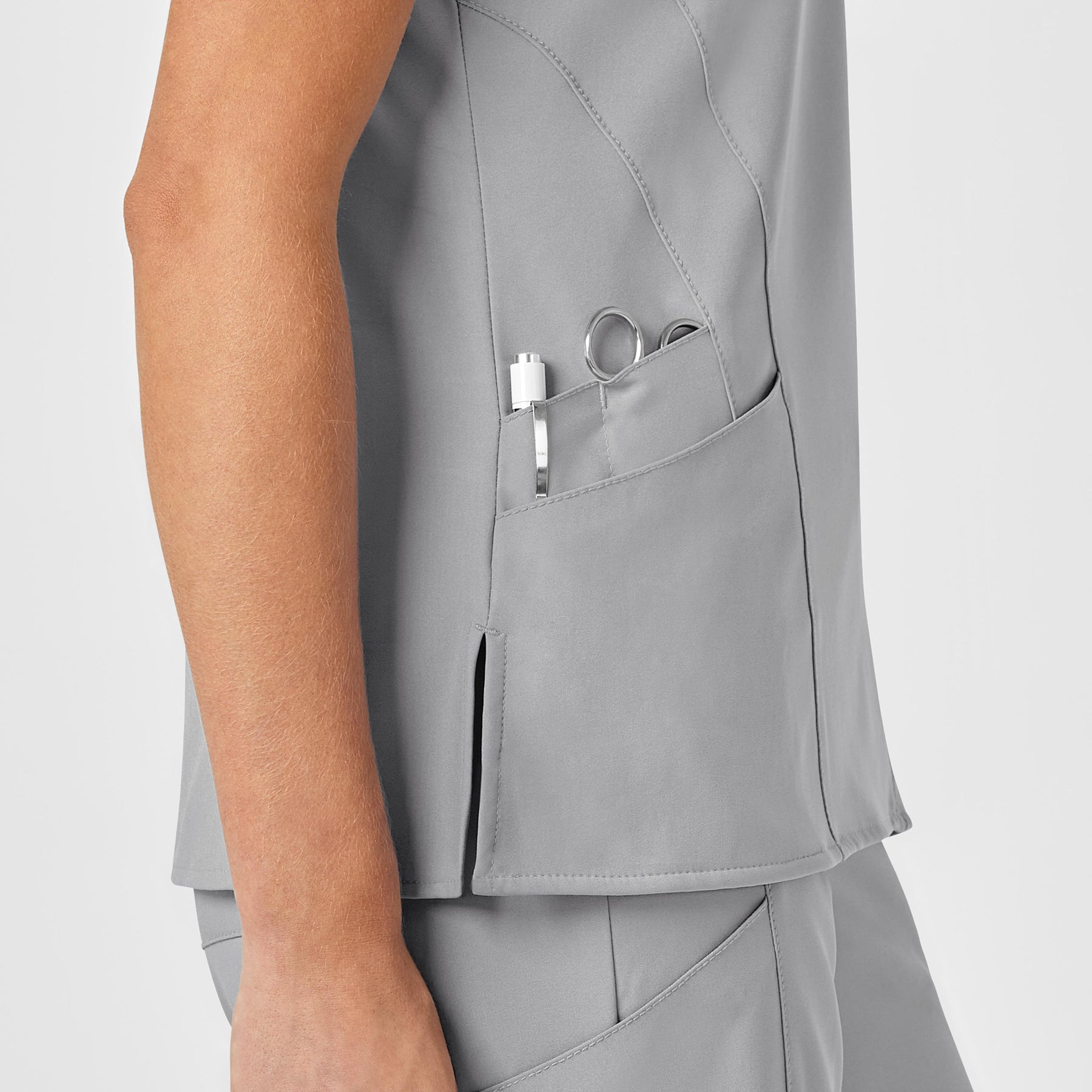 W123 Women's Stylized V-Neck Scrub Top Grey hemline detail