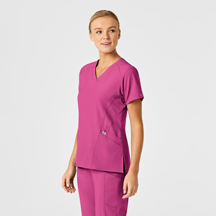 W123 Women's Stylized V-Neck Scrub Top Hot Pink side view