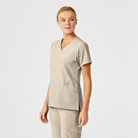 W123 Women's Stylized V-Neck Scrub Top Khaki side view