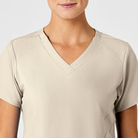 W123 Women's Stylized V-Neck Scrub Top Khaki front detail