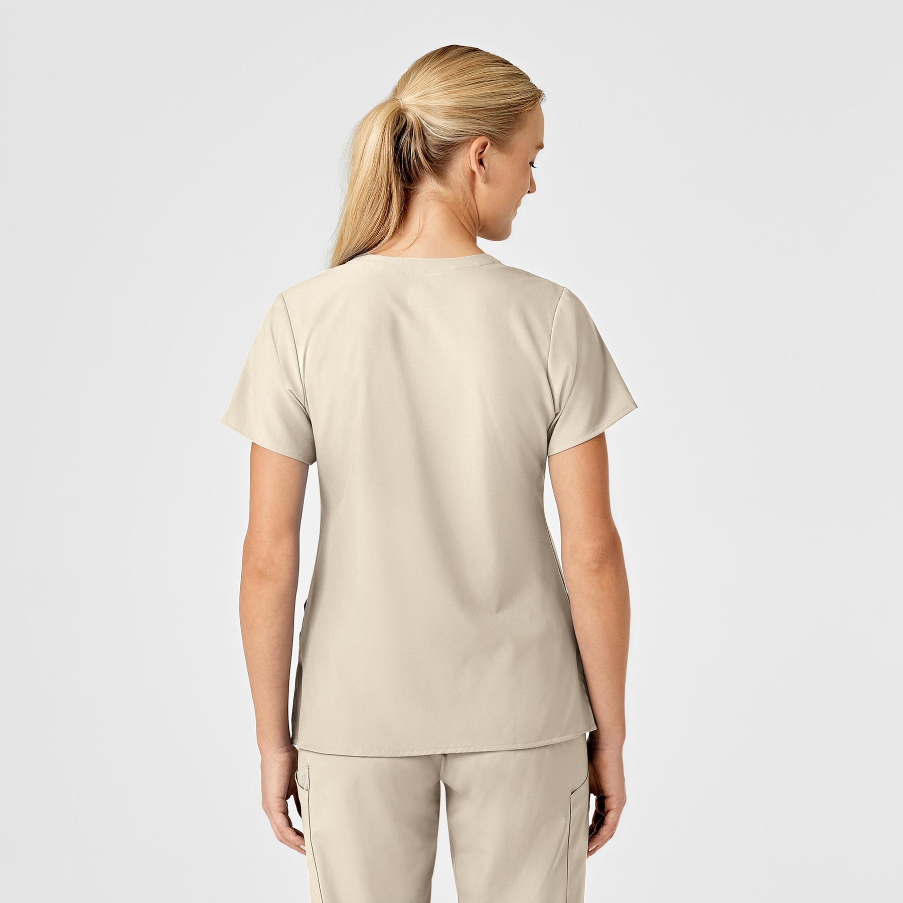 W123 Women's Stylized V-Neck Scrub Top Khaki back view