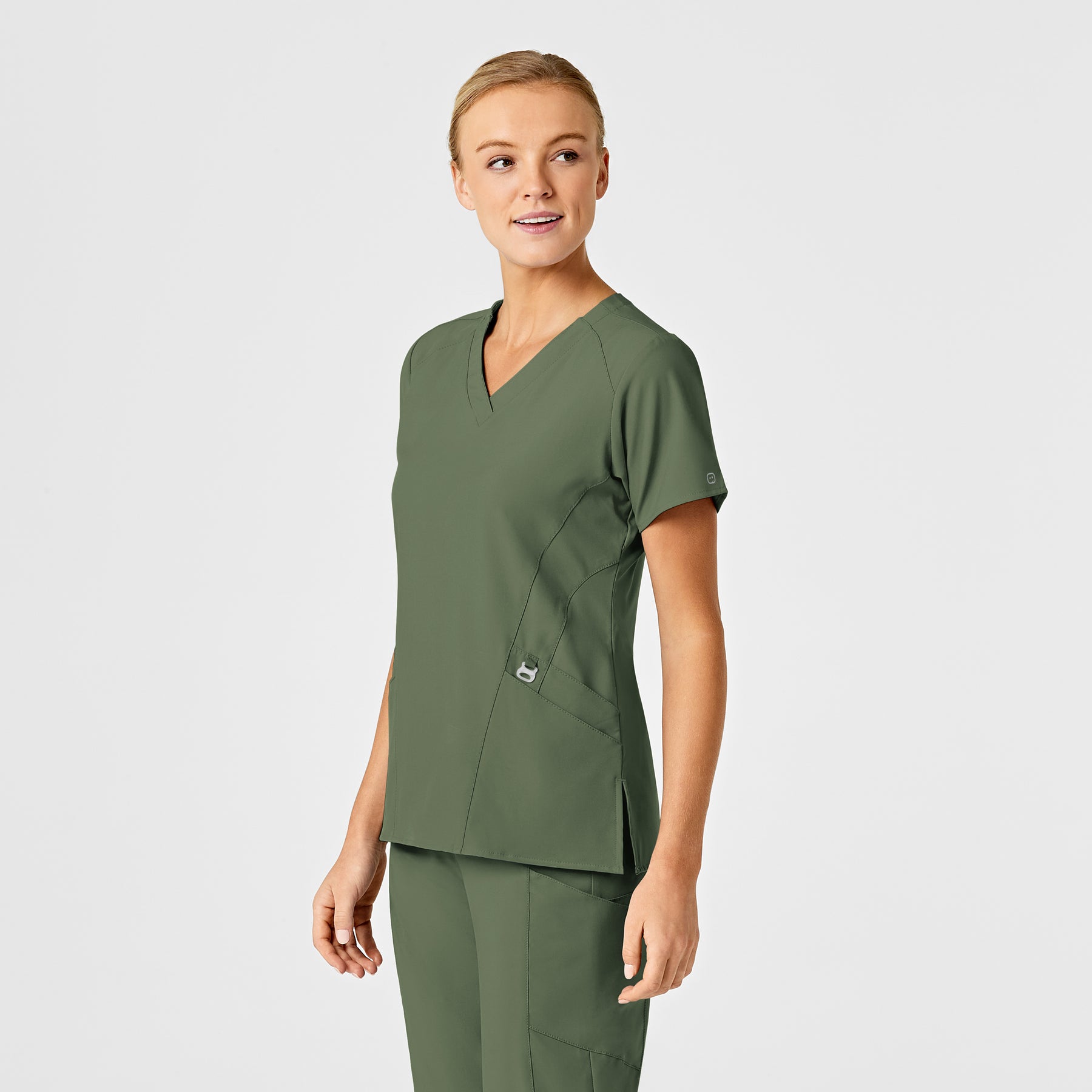 W123 Women's Stylized V-Neck Scrub Top Olive side view