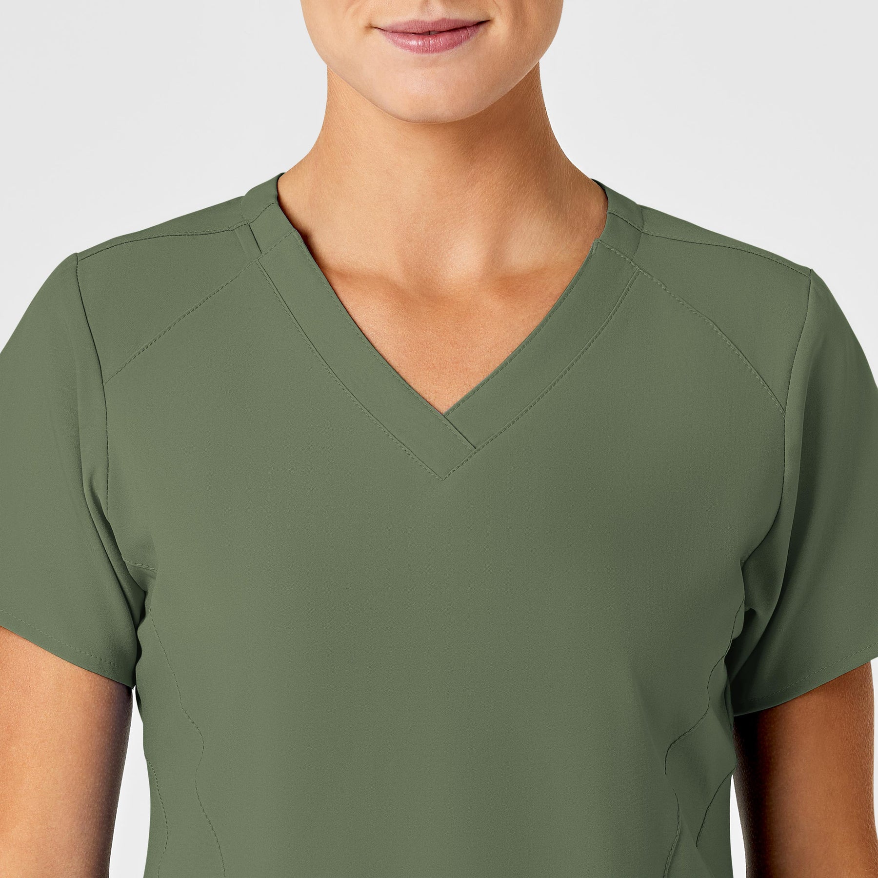W123 Women's Stylized V-Neck Scrub Top Olive front detail